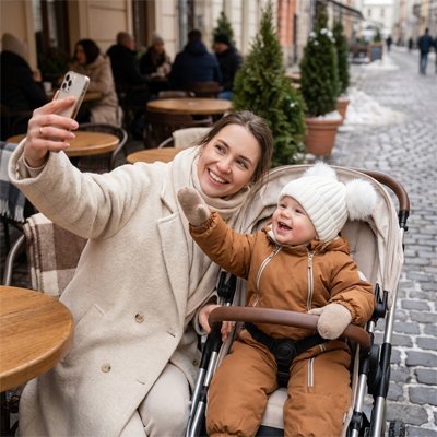 bonnet bébé garçon et maman fait un selfi