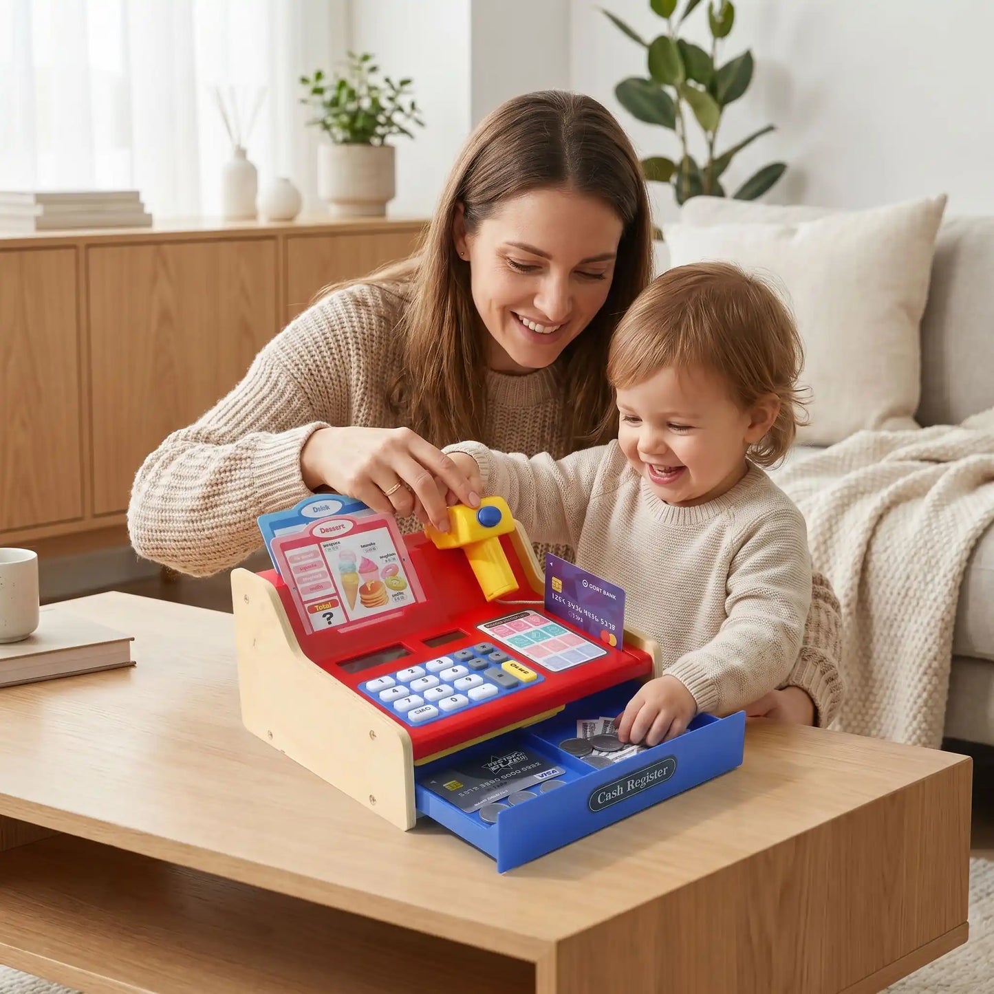 Caisse enregistreuse enfant bois avec calculatrice et tiroir-caisse