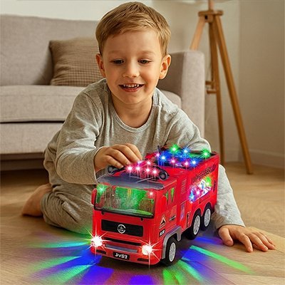 camion pompier jouet lumineux rouge et petit garçon