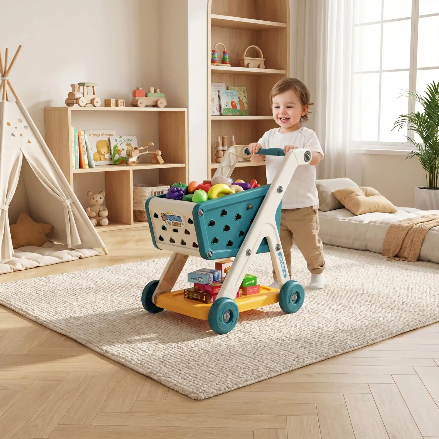 chariot de courses enfant bleu enfant qui joue chambre