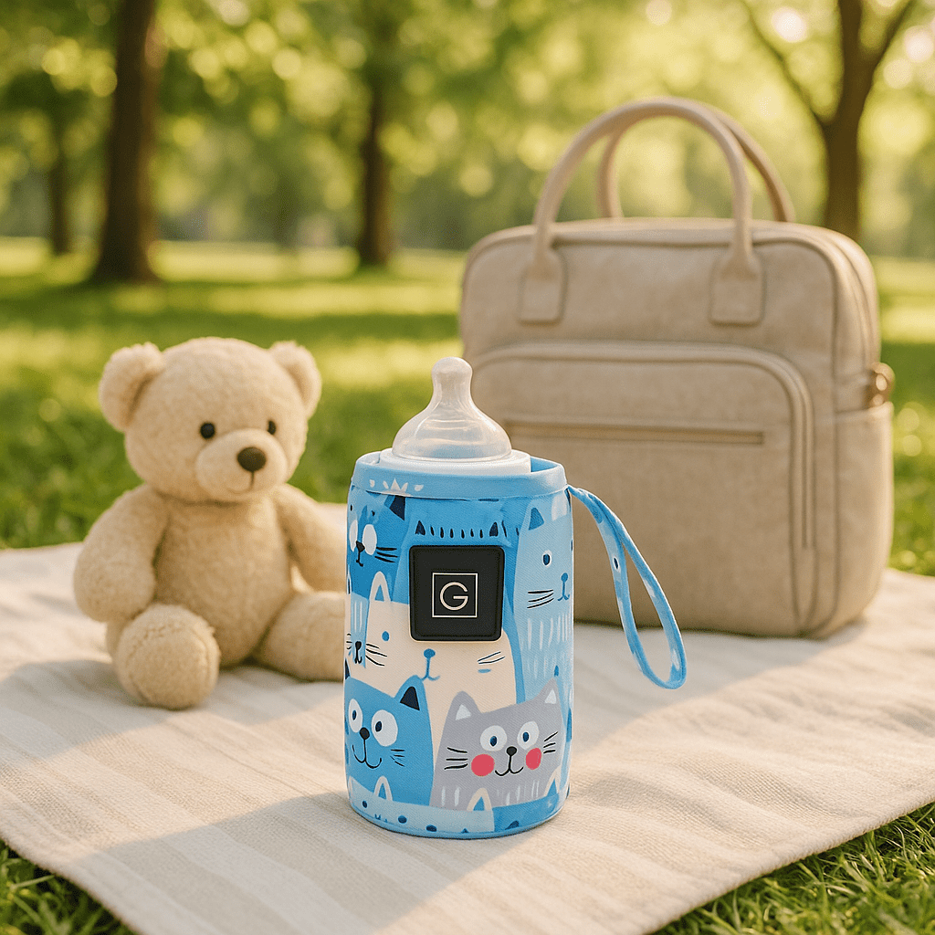 chauffe biberon portable couleur bleu dans le parc