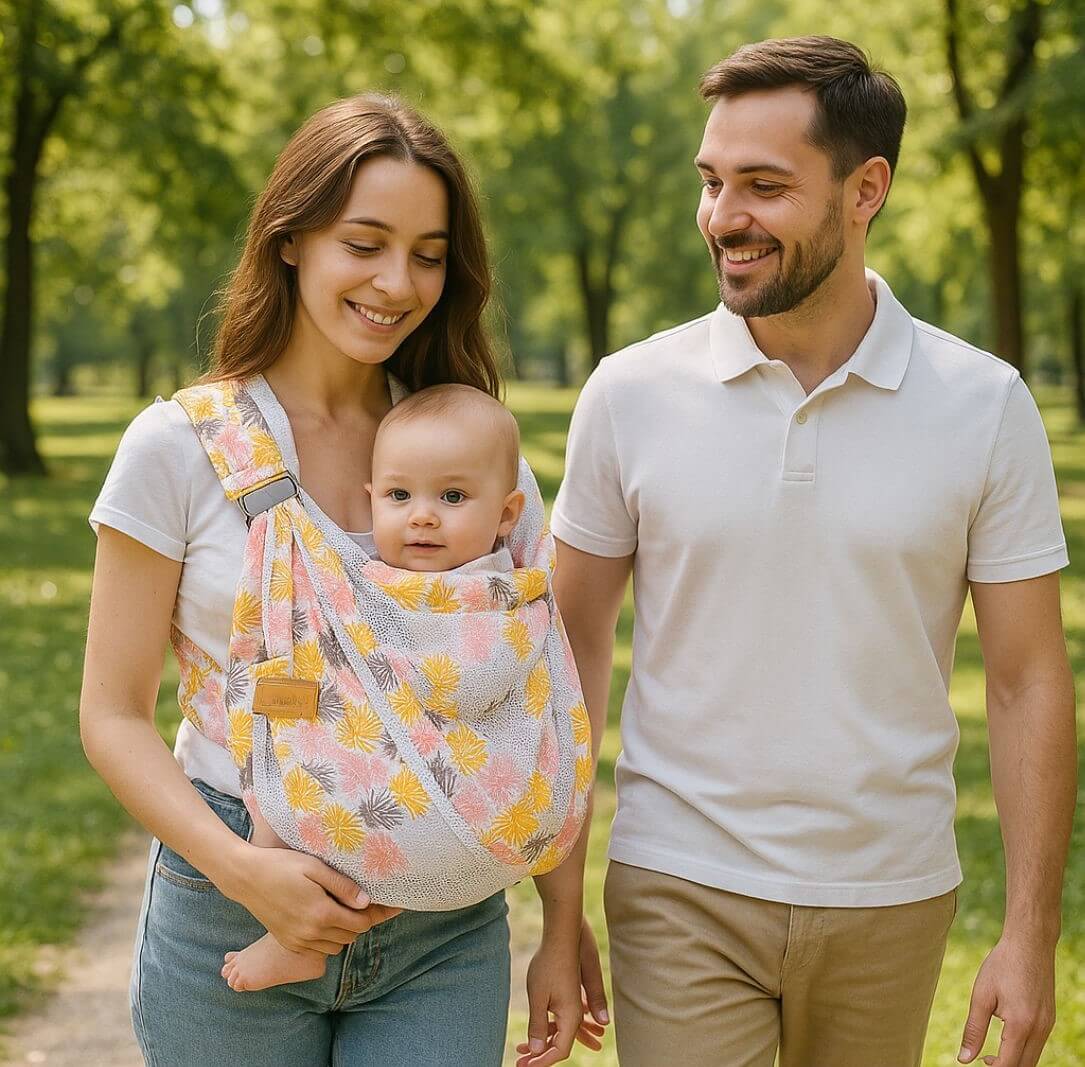 papa et maman promene avec echarpe porte bebe
