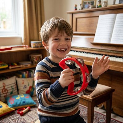 enfant joue tambourin rouge salon maison