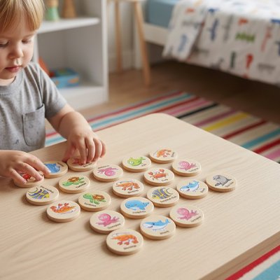 Jeu mémoire bébé en bois avec pièces animaux colorées