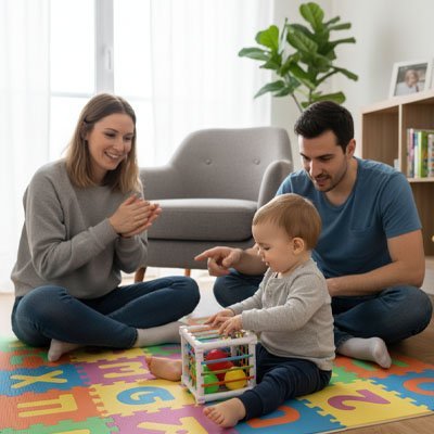 jouet éveil bébé avec maman papa et bébé sur le tapis de jeu