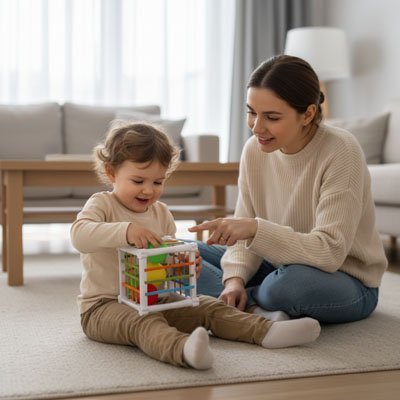 Jouet éveil bébé avec maman et enfant dans le salon