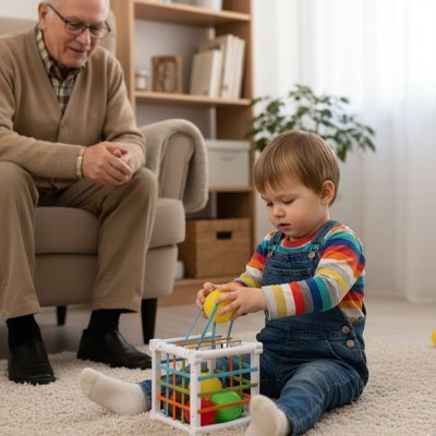 jouet éveil bébé avec grand pÚre et enfant dans le salon