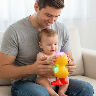 papa jouant avec bébé et un jouet musical canard dansant