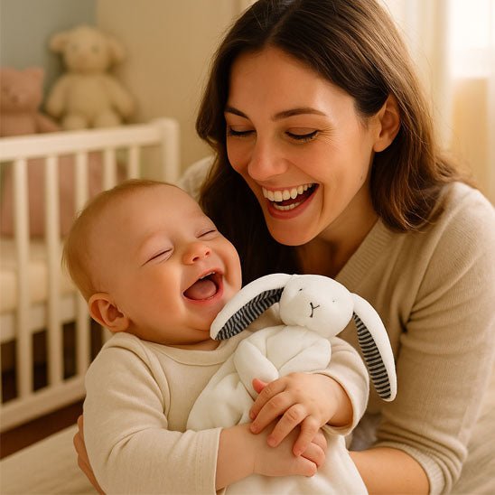 lapin doudou dans la chambre avec maman et bebe