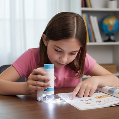 Microscope enfant débutant et petite fille a l'école