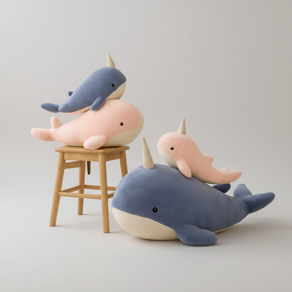 Groupe de peluche baleine rose dans le salon
