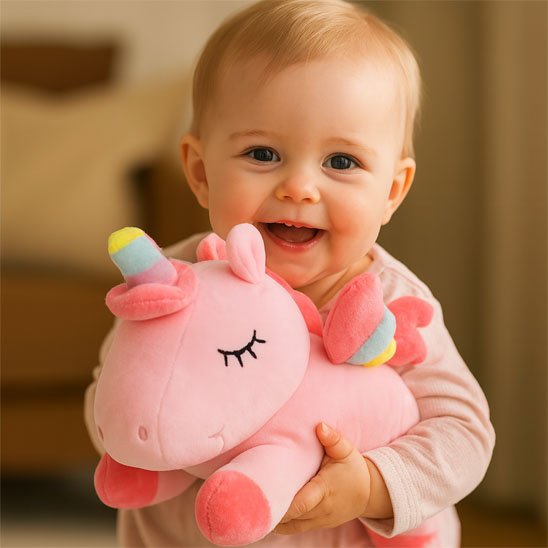 Licorne peluche rose et petit garçon qui fait un grand sourire