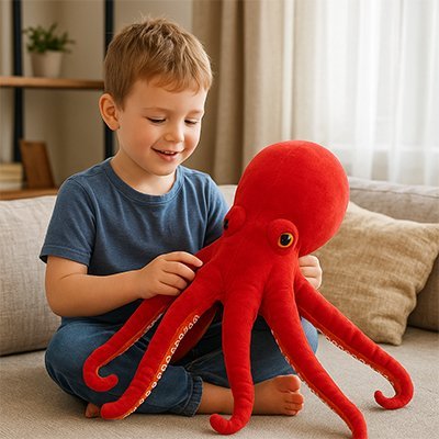 peluche pieuvre reversible rouge dans le salon avec petit garçon