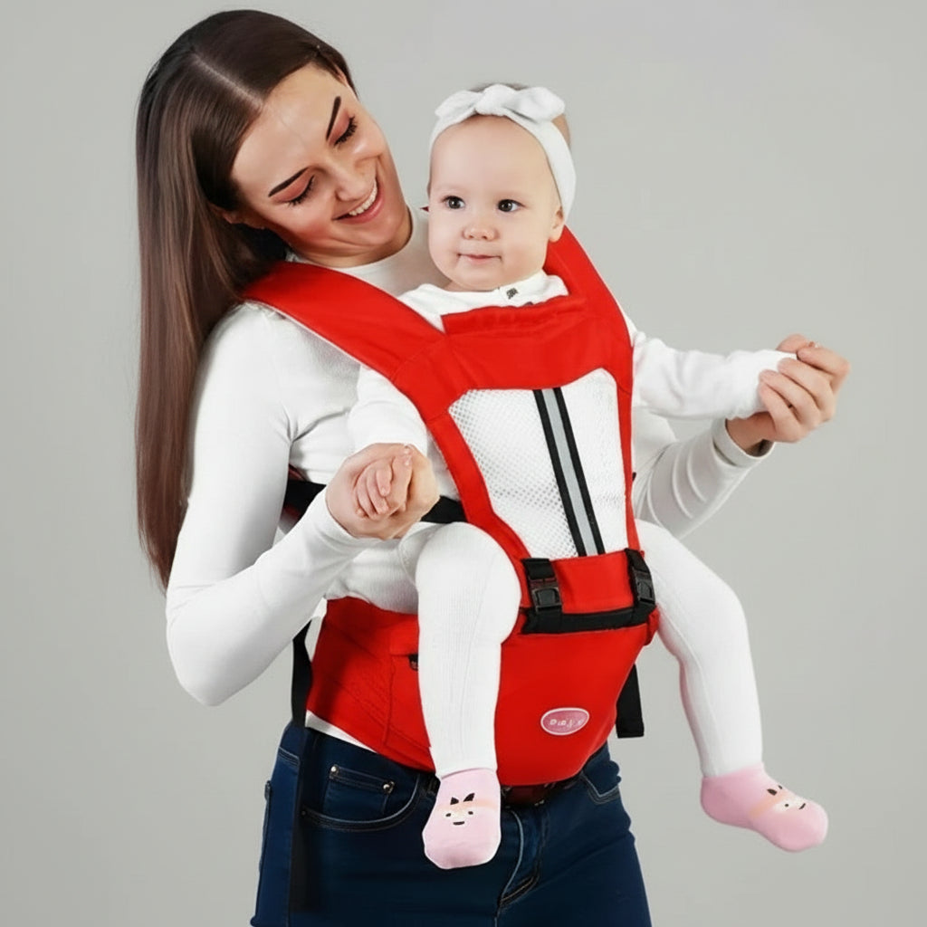 porte bebe ergonomique rouge avec maman