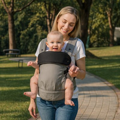 porte bebe physiologique et maman dans le jardin