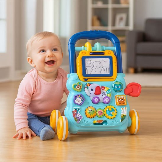 trotteur bébé garçon avec bébé qui sourit