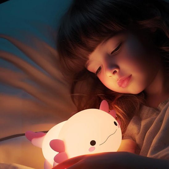 veilleuse bebe axolotl fait calin enfant