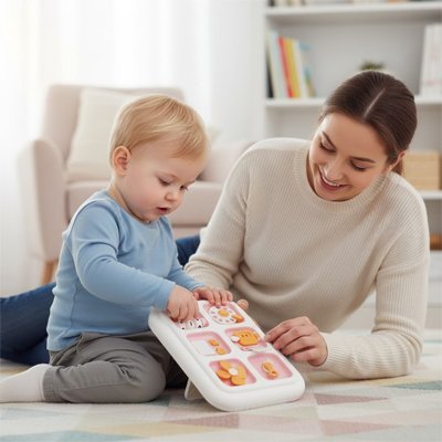 maman et enfant joue a busy board