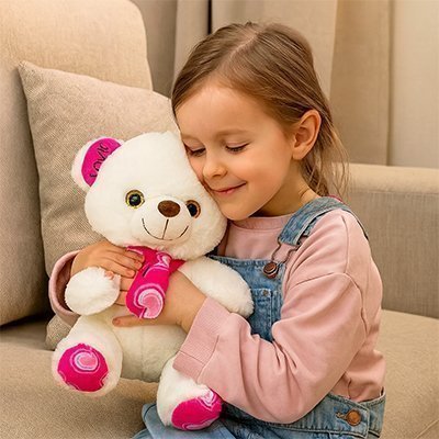 peluche ours rose avec petite fille calin