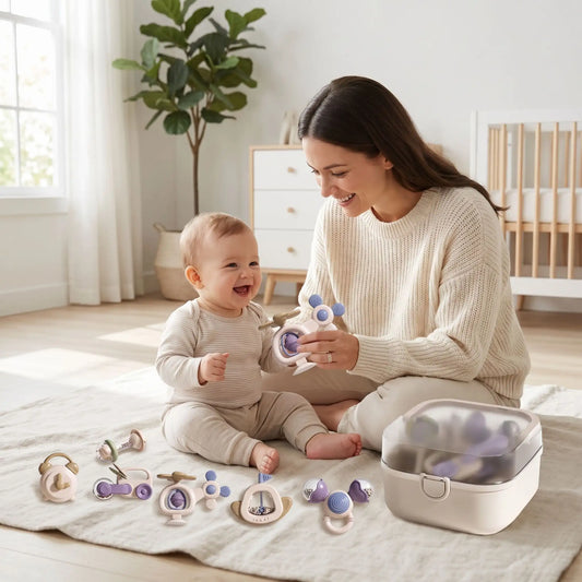 maman et bébé 3 mois joue avec jouet