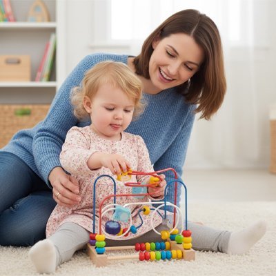 maman et bébé joue avec un jeu d'eveil