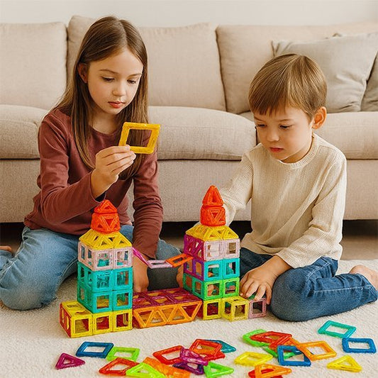 enfants joue a un jeux de constrution aimanté