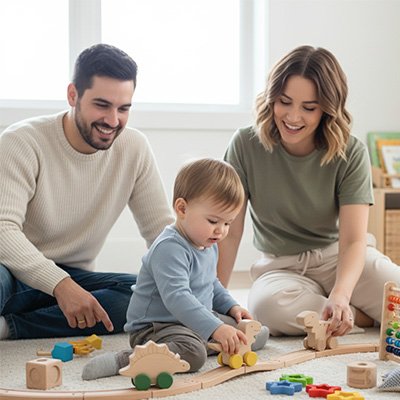maman et papa joue avec bébé a un jouet sensoriel