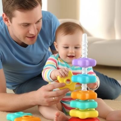 papa et bébé joue avec un jouet d'eveil