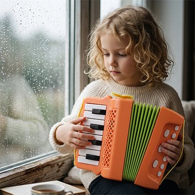 Accordéon enfant orange utilisé par une fille