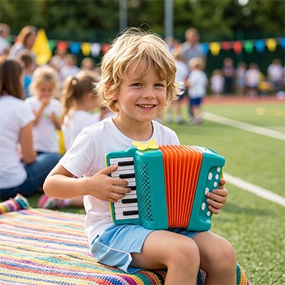 Accordéon enfant vert utilisé par une fille dehors
