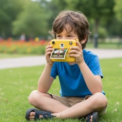 Appareil photo enfant impression papier et pett dans le jardin
