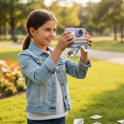Appareil photo enfant instantané avec fille dans jardin