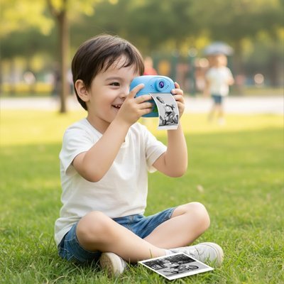 Appareil photo enfant bleu et petite garçon