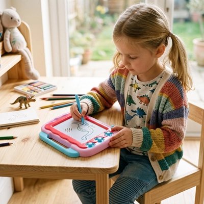 Ardoise magique dessin fille dinosaure modèle rose