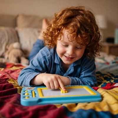 Ardoise magique enfant bleue garçon dessinant au lit