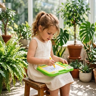 Ardoise magique enfant verte fille dessinant une fleur