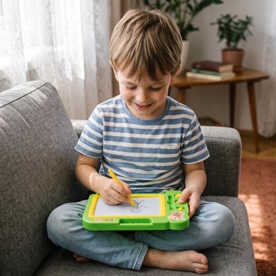 Ardoise magique enfant verte garçon dessinant au fauteuil