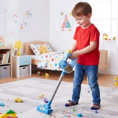 aspirateur enfant jouet educatif bleu dans le salon