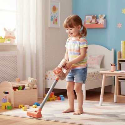 aspirateur enfant jouet educatif orange dans la chambre