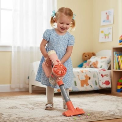 aspirateur enfant jouet educatif orange sur le tapis