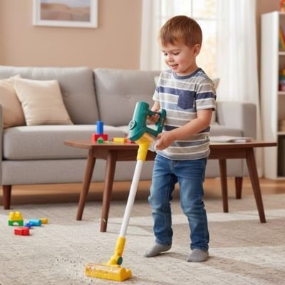 aspirateur enfant ludique educatif vert avec enfant