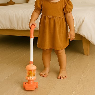 Aspirateur enfant orange avec petite fille