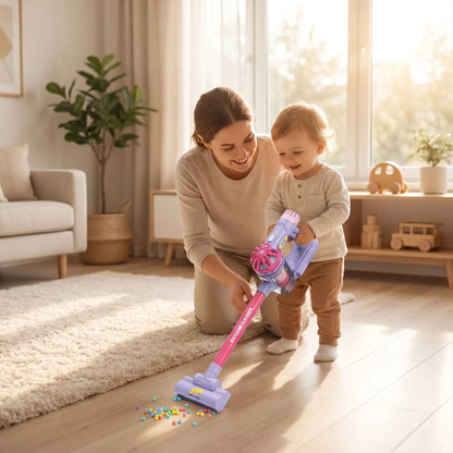 aspirateur enfant rose et maman dans le salon