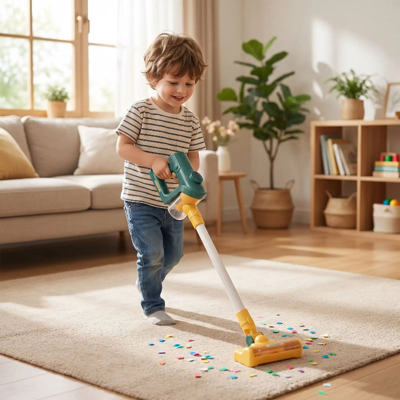 aspirateur enfant vert utilisé par garçon