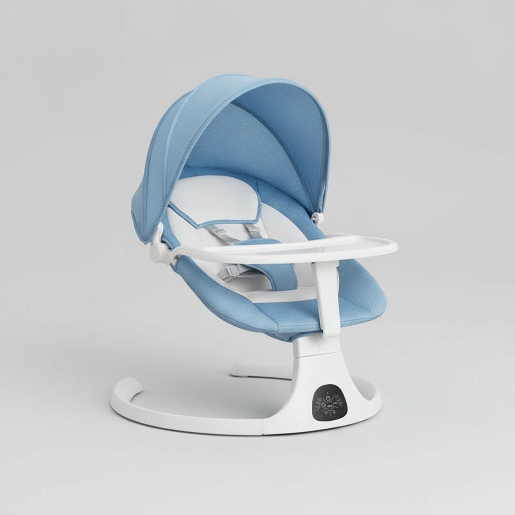 Balancelle bebe bleu avec bébé dans le salon