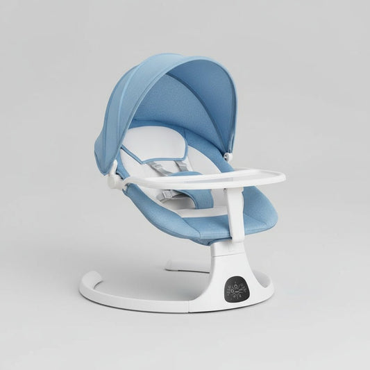 Balancelle bebe bleu avec bébé dans le salon