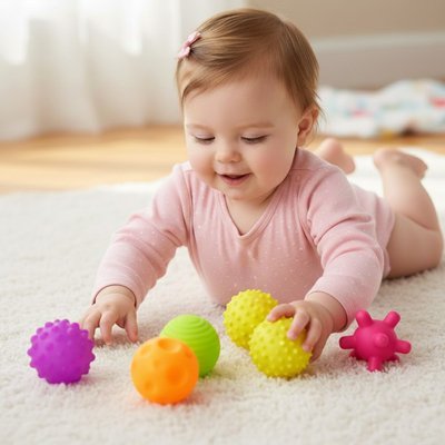 Balle sensorielle bébé sur le tapis avec petite