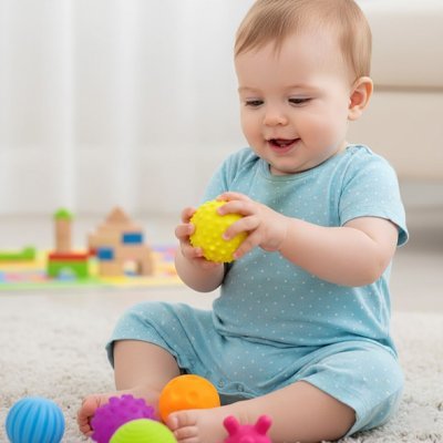 Balle sensorielle bébé jaune dans les main de enfant