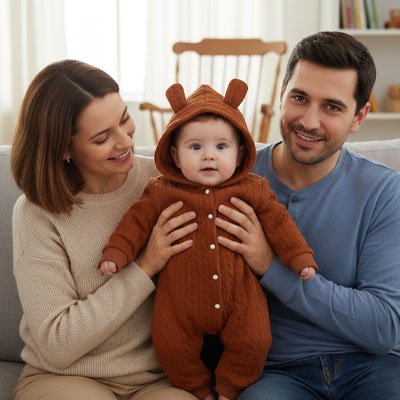 Barboteuse​ marron a capuche avec parents et bébé