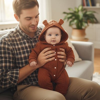 Barboteuse​ marron a capuche avec papa et bébé